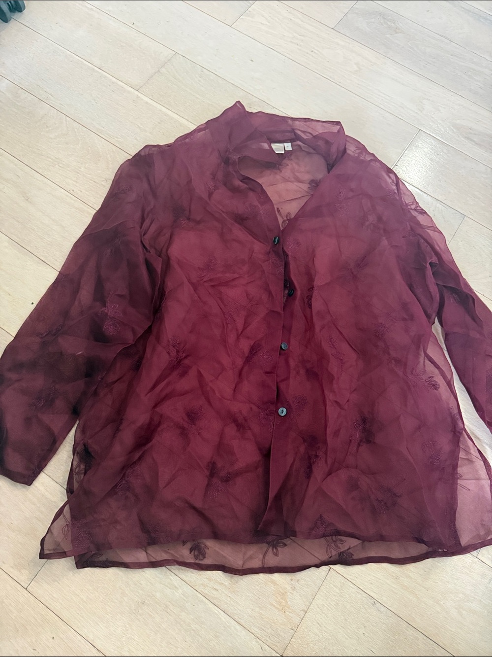 100% silk Sheer Burgundy Button-Front Women's Top